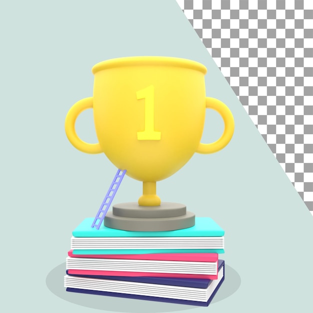 Ilustración 3d de trofeo de logros y libro PSD