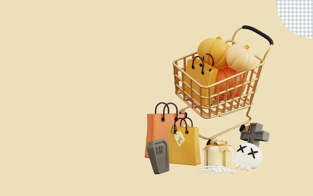 Ilustración 3d de venta de halloween con carrito de compras
