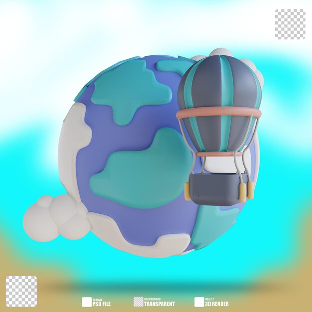 Ilustración 3D Viajar alrededor del mundo en globo aerostático