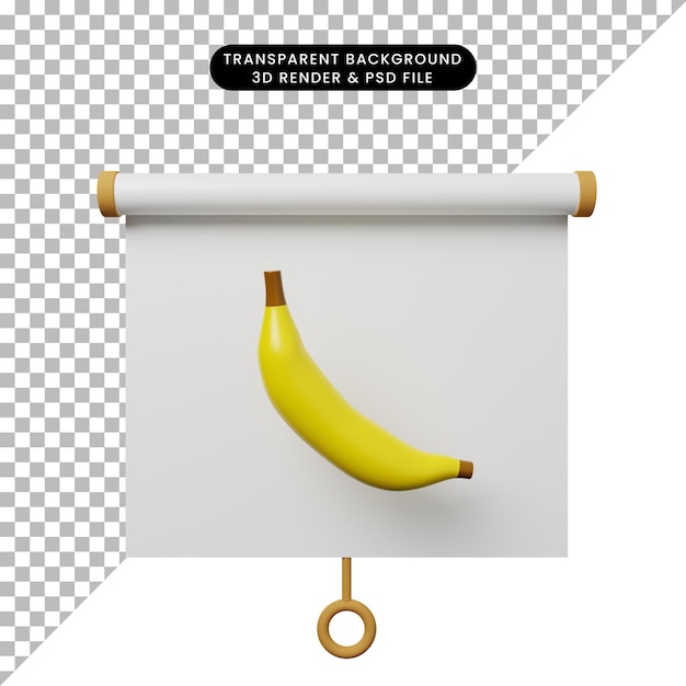 Ilustración 3d de la vista frontal del tablero de presentación de objeto simple con banana