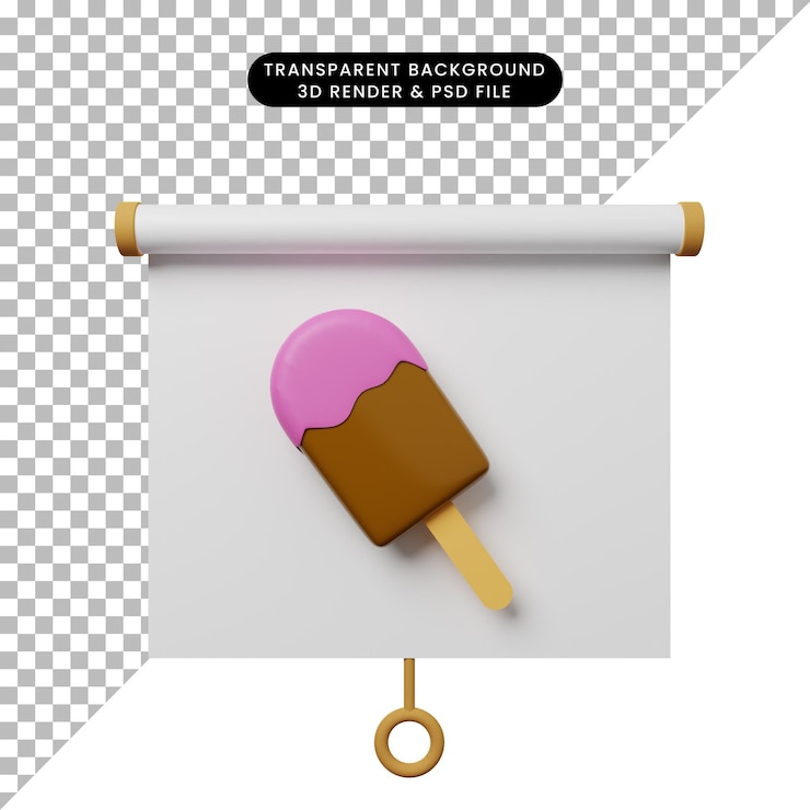 PSD ilustración 3d de la vista frontal del tablero de presentación de objetos simples con helado