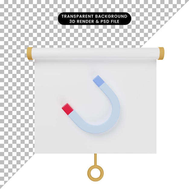 Ilustración 3d de la vista frontal del tablero de presentación de objetos simples con imán