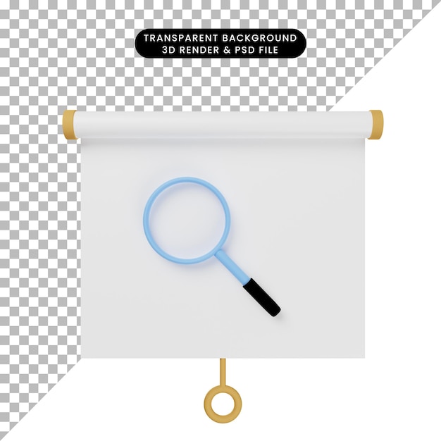 Ilustración 3d de la vista frontal del tablero de presentación de objetos simples con lupa