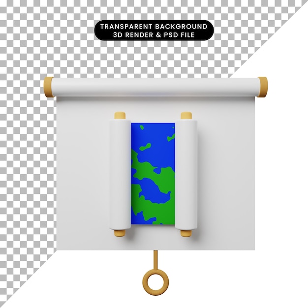 Ilustración 3d de la vista frontal del tablero de presentación de objetos simples con mapa