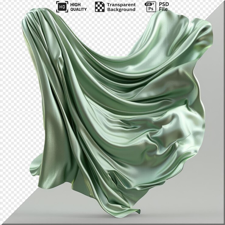PSD ilustración 3d voladora única de lujosa tela de seda verde o tela de textura de cortina para la gran ceremonia de apertura aislada sobre un fondo transparente