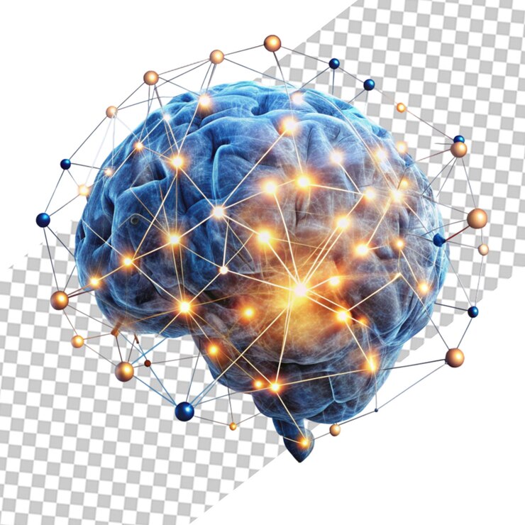 PSD ilustración abstracta del cerebro con redes neuronales brillantes y conectividad cognitiva