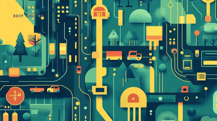 PSD ilustración abstracta de una ciudad futurista integrada con tecnología representada con colores vibrantes y formas geométricas