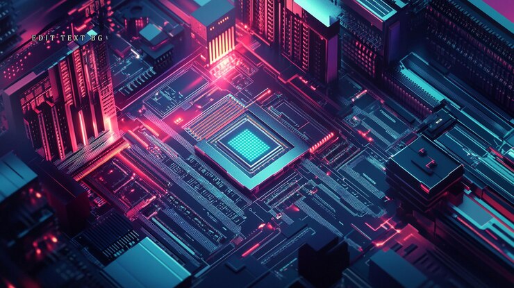 PSD ilustración abstracta en estilo cyberpunk de una unidad central de procesamiento (cpu) brillante en una placa de circuitos