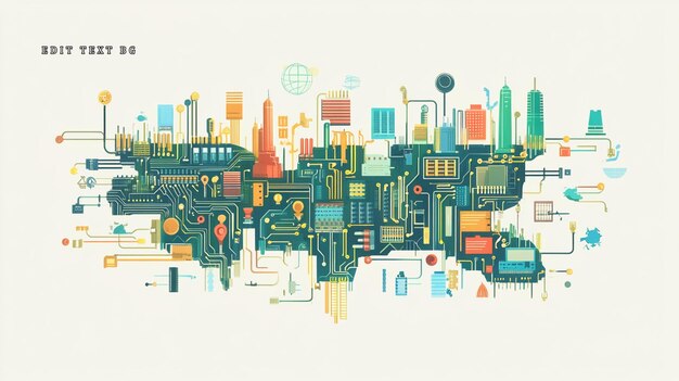Ilustración abstracta de la infraestructura de una ciudad como una placa de circuitos que muestra la interconexión y la dependencia tecnológica