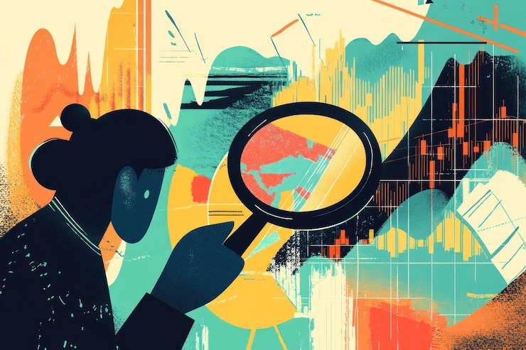 PSD ilustración abstracta de una persona analizando datos a través de una lupa en medio de cuadros y gráficos coloridos