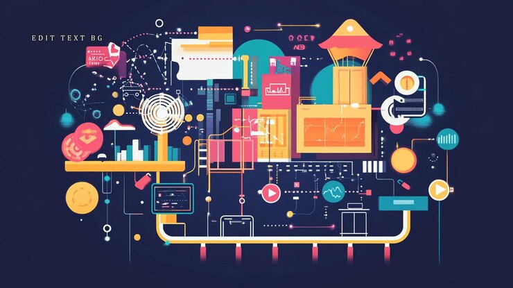 PSD ilustración abstractamente colorida que representa un complejo sistema de elementos interconectados que simbolizan la innovación tecnológica y el procesamiento de datos