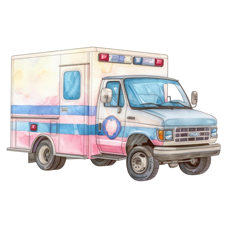 PSD ilustración en acuarela de una ambulancia antigua con las luces encendidas