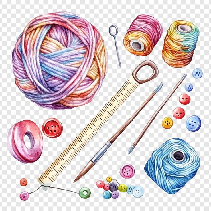 PSD ilustración en acuarela de artículos para tejer y coser