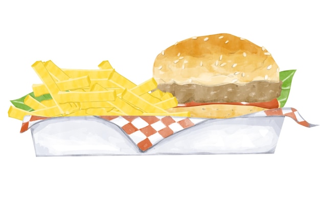 Ilustración acuarela bandeja blanca con servilleta hamburguesa con ketchup patatas fritas clipart para imprimir