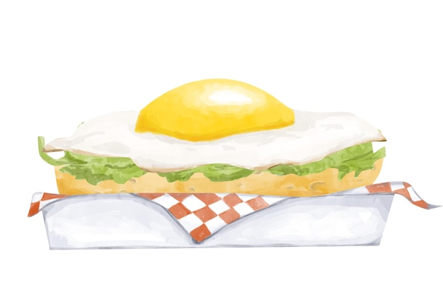 Ilustración acuarela bandeja blanca con servilleta pan con lechuga y huevo frito clipart para imprimir