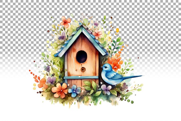 PSD ilustración de acuarela de la casa de los pájaros arte doméstico de aves encantadoras para impresiones y decoración.