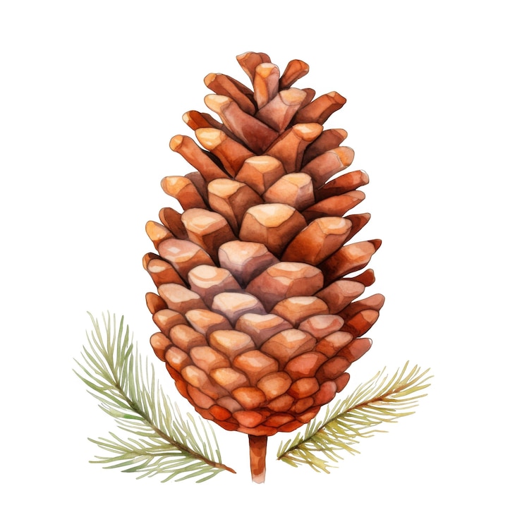 PSD ilustración en acuarela de un cono de pino y una ramita