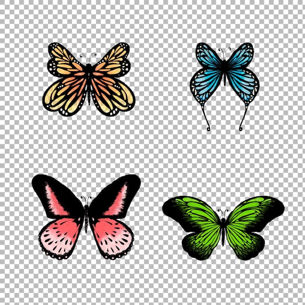 PSD ilustración acuarela de cuatro mariposas de diferentes colores