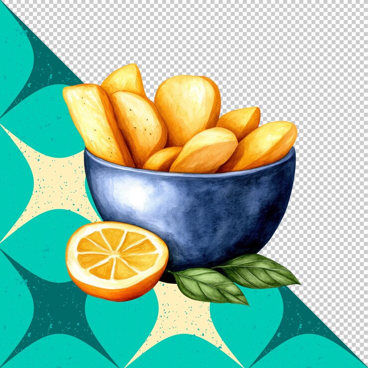 PSD ilustración en acuarela de cuñas de patatas fritas crujientes en un cuenco azul con rebanada de naranja