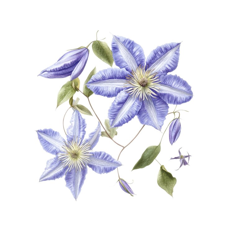 PSD ilustración en acuarela de las delicadas flores de clematis azul claro