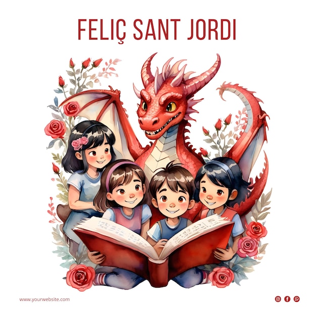PSD ilustración en acuarela diada de sant jordi con niños libro de dragón y rosas