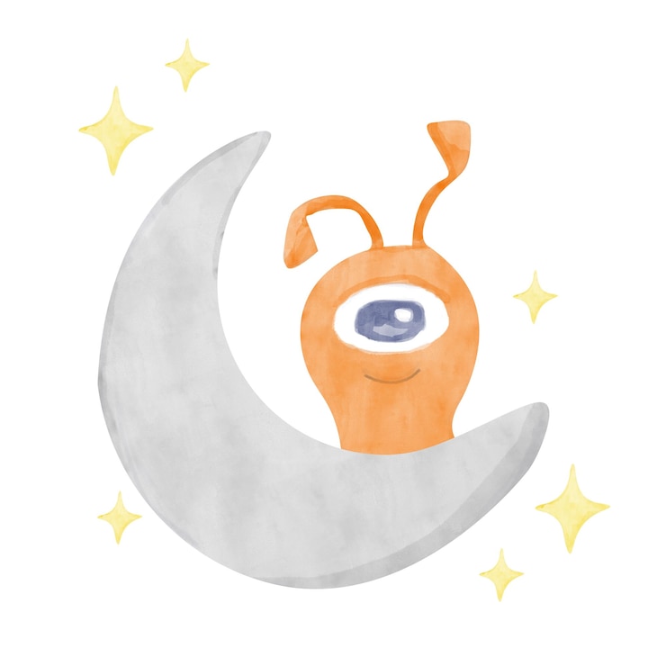 PSD ilustración de acuarela espacio alienígena naranja con un ojo sentado en la luna con estrellas para imprimir
