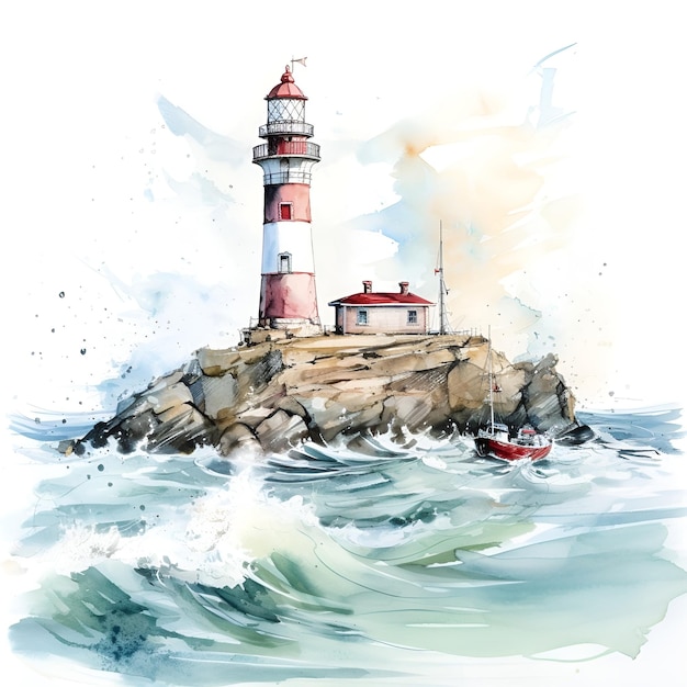 PSD ilustración en acuarela de un faro en el mar