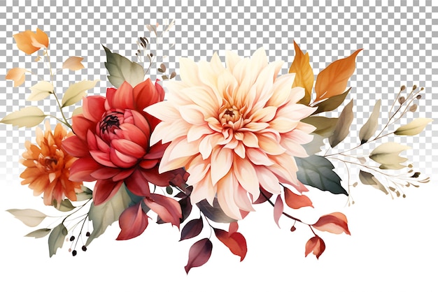 Ilustración de acuarela floral de otoño corner frontera con rosa dahlia y eucalipto