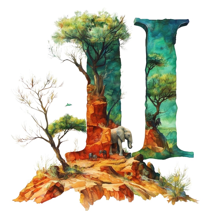 PSD ilustración en acuarela de la letra l con un elefante en un paisaje de sabana