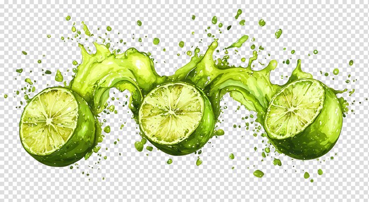 PSD ilustración en acuarela de limas con efecto de salpicaduras suciosas en fondo negro