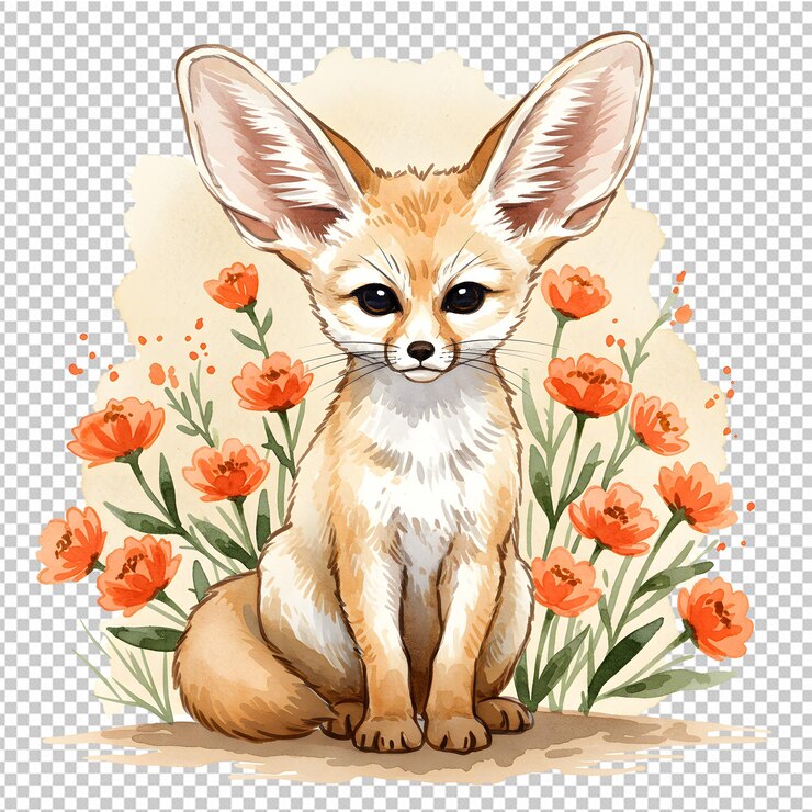 PSD ilustración en acuarela de un lindo zorro fennec con flores de naranja