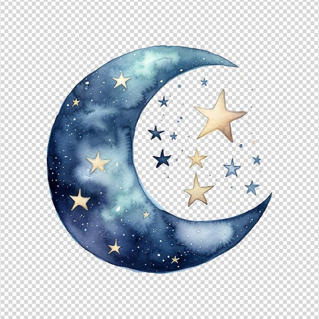 PSD ilustración en acuarela de una luna con estrellas aisladas en el fondo