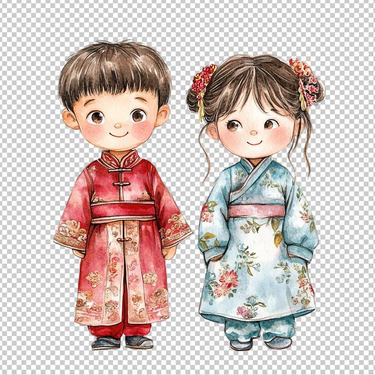 PSD una ilustración en acuarela de un niño y una niña asiáticos aislados en un fondo transparente