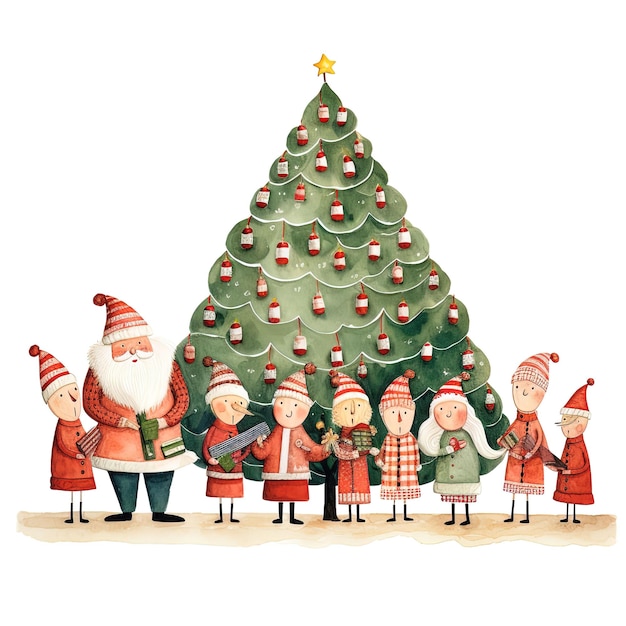 PSD ilustración en acuarela de papá noel con su familia en el árbol de navidad