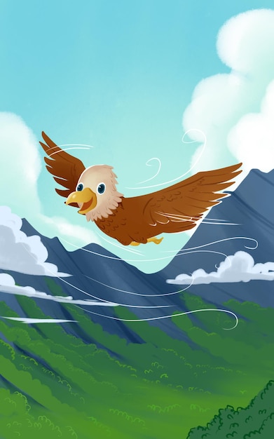Ilustración de un águila volando en el cielo con montañas y árboles verdes en el fondo