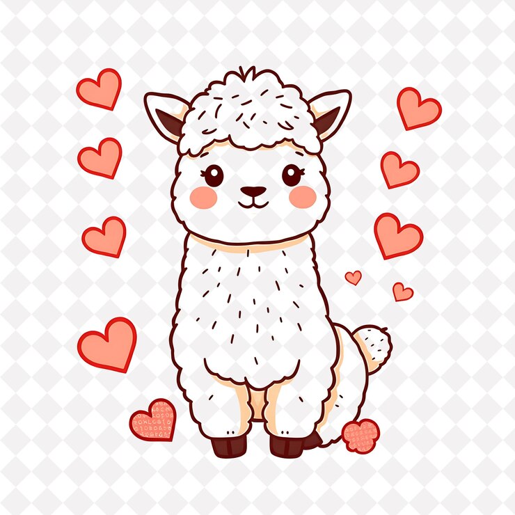 PSD ilustración alpaca acogedora con formas de pompom en forma de corazón esparcidas alrededor de cálido y acogedor beige