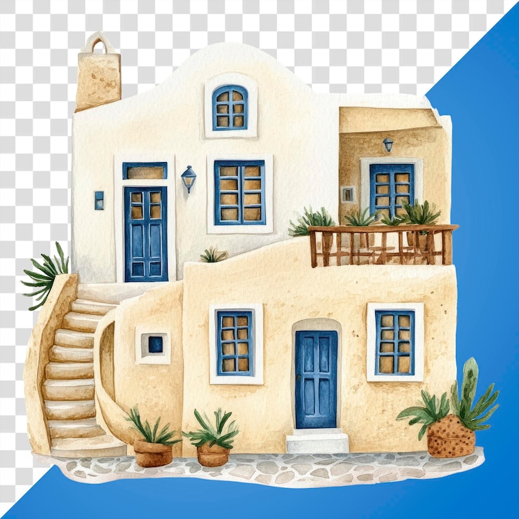 PSD ilustración de la arquitectura de la casa de la ciudad de santorini griega png acuarela
