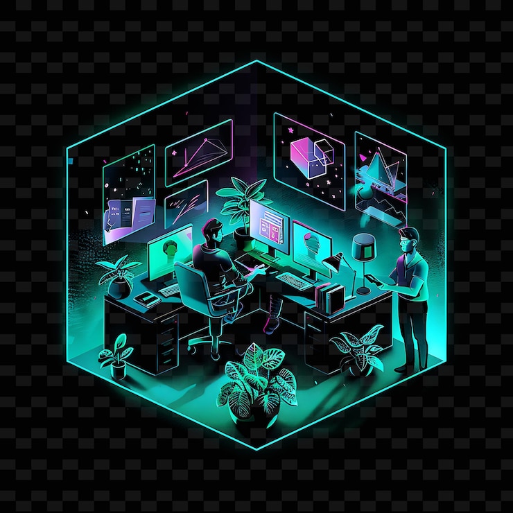 PSD una ilustración de arte digital de una pantalla de computadora con personas sentadas en un escritorio