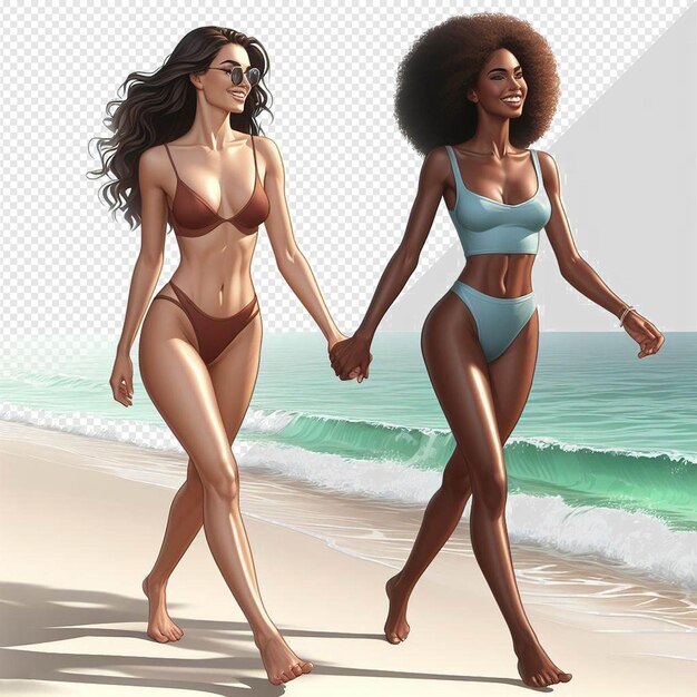 PSD ilustración de arte vectorial hiperrealista de la diversidad femenina, la hermandad, la amistad, la playa, el ocaso y el océano.