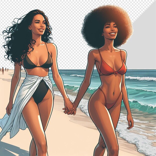 PSD ilustración de arte vectorial hiperrealista de la diversidad femenina, la hermandad, la amistad, la playa, el ocaso y el océano.