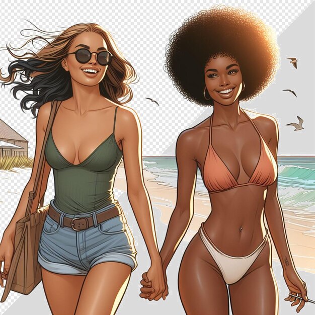 PSD ilustración de arte vectorial hiperrealista de la diversidad femenina, la hermandad, la amistad, la playa, el ocaso y el océano.