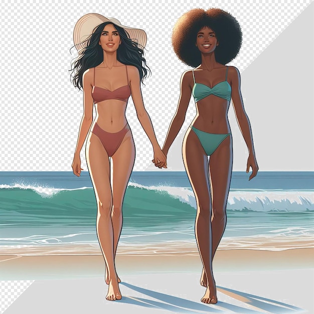 PSD ilustración de arte vectorial hiperrealista de la diversidad femenina, la hermandad, la amistad, la playa, el ocaso y el océano.