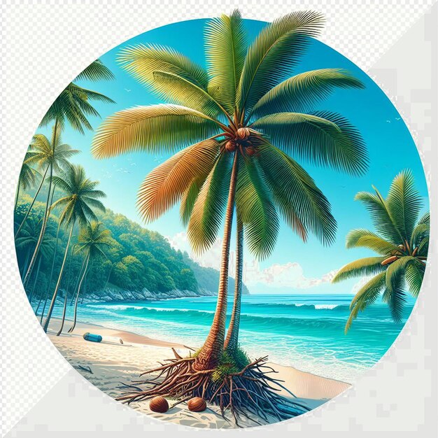 PSD ilustración de arte vectorial hiperrealista palmera de coco del caribe fondo de póster de puesta de sol en la playa