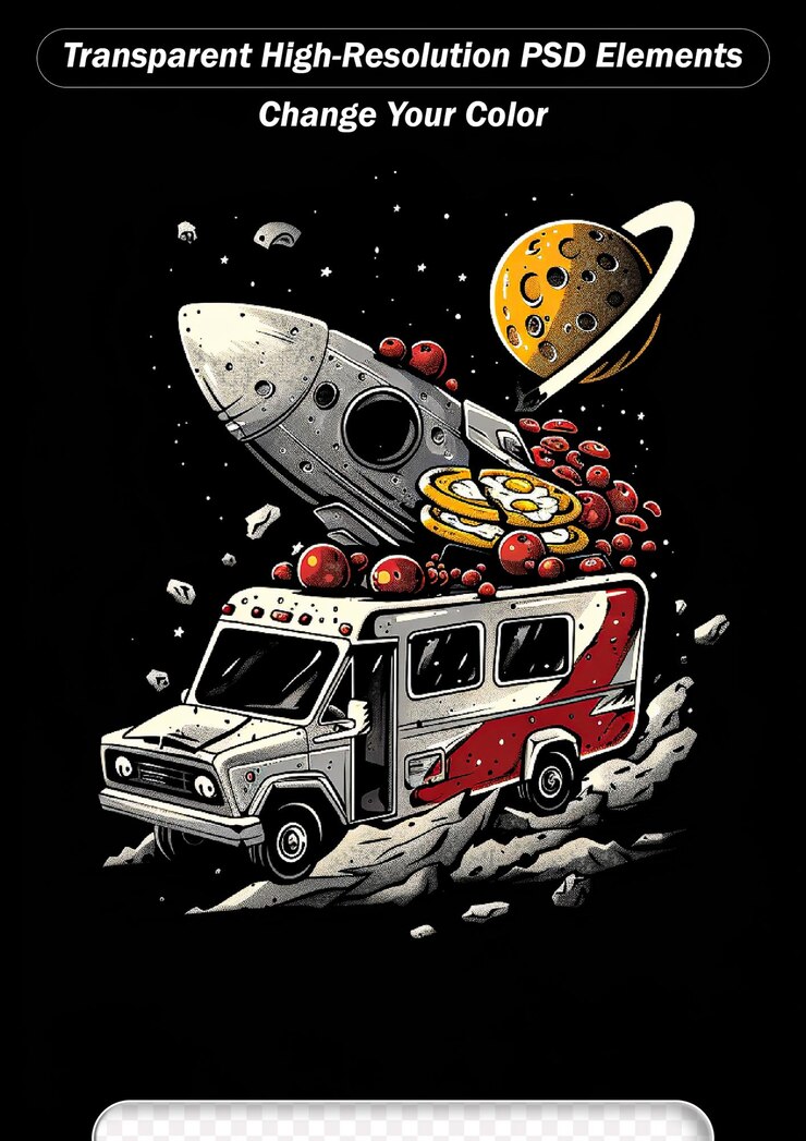 PSD ilustración de un astronauta y un coche espacial impulsado por alienígenas