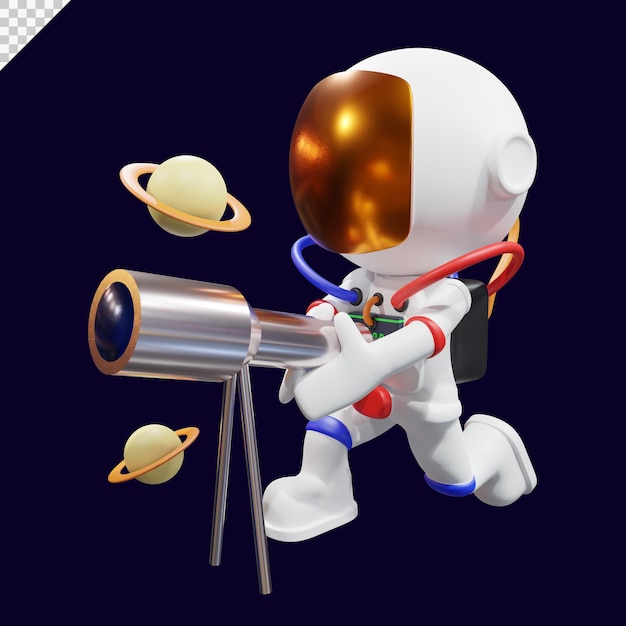 PSD ilustración de astronauta y telescopio de renderizado 3d