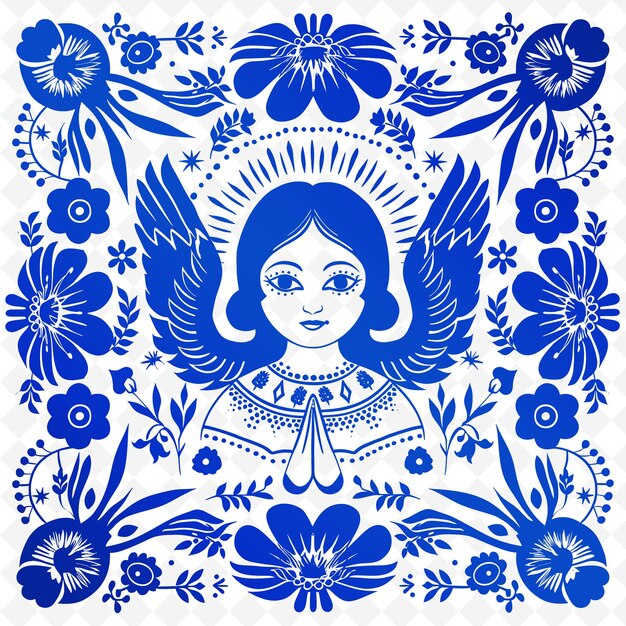 Una ilustración azul y blanca de una niña en un marco floral azul