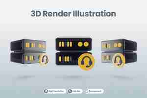 PSD ilustración de la base de datos del servidor 3d con el icono del auricular del auricular del auricular 3d renderizado aislado