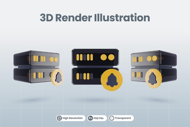 PSD ilustración de base de datos de servidor 3d con icono de campana de alarma 3d renderizado aislado