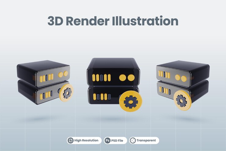PSD ilustración de base de datos de servidor 3d con icono de configuración de engranaje 3d renderizado aislado