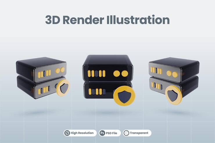 PSD ilustración de base de datos de servidor 3d con icono de protección de escudo 3d aislado